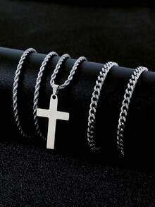 2pcs/Set Men's Stainless Steel Cross & Braided Chain Multi-Layer Necklace Set - Silver - View 2
