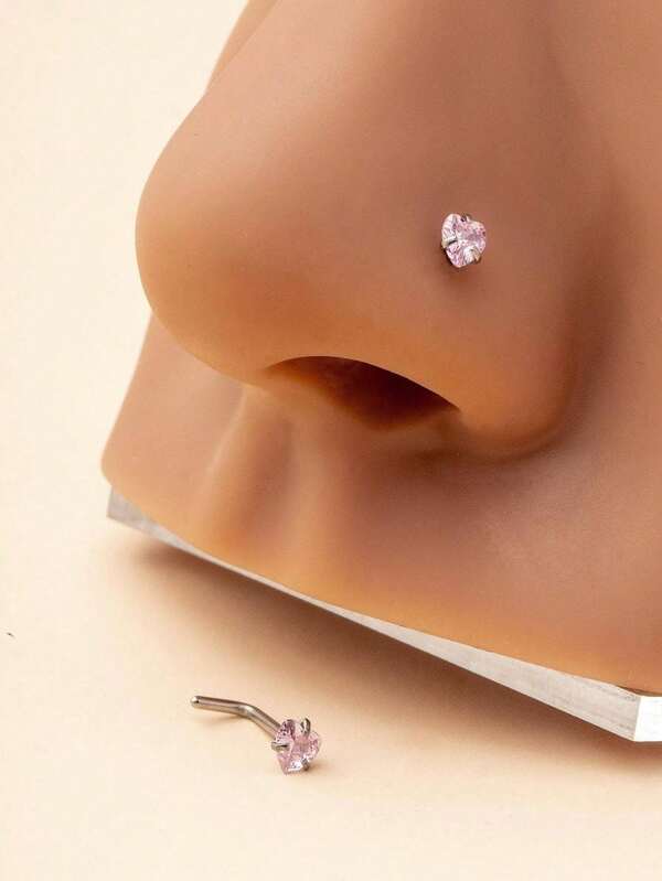 Set van 2 modieuze en eenvoudige neusringen van roestvrij staal in de vorm van een hart met roze zirkonia, geschikt voor dagelijks gebruik door vrouwen.