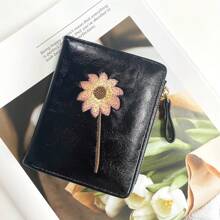 1pc Women Short Sunflower Embroidered Bifold Wallet, Retro Fashionable Sunflower Zipper Coin Purse, Suitable For Girls, Ladies, Career Starters And Office Workers, Great For Work, Business Trip, Commute, Outing And Travel