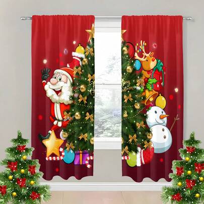 2pcs Christmas Decorations Cartoon Room Curtains, Polyester Living Room Curtains, Bedroom Blackout Curtains, Bedroom Decoration Home, House Bedroom Wedding Decoration Style, Blackout Curtains Without Drilling, Christmas Home Decoration, Kitchen Curtain Set, Room Decorative Door Curtains, Home Office Universal,  Christmas Decor  Home Decor