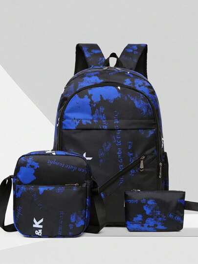 3件套深蓝色星空印花书包背包带文具袋午餐袋，大容量防水轻便背包，休闲便捷的旅行背包，可容纳15.6英寸笔记本电脑，适合小学生、初中生、高中生、大学生，是送给孙子和儿子的开学礼物