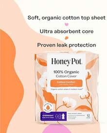 The Honey Pot Company - Non-Herbal Everyday Panty Liners For Women - Organic Cotton Cover & Ultra-Absorbent Pulp Core - Sanitary Pads - Feminine Care - FSA & HSA Eligible - 30 Ct - Non-Herbal Overnight - 查看 4