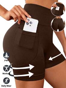 Three-Piece Set Of Plus-Size Women's Cinched Shorts With Pockets. The Nude And Lightweight Cycling High-Waisted Shorts Are Suitable For Fitness, Running And Sports - Đen+Xám+Nâu - Xem 4