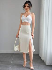 Chân váy satin cạp cao màu trơn dành cho nữ, phù hợp cho mùa xuân, hè, thu và đông, thiết kế xẻ tà bên hông, khóa kéo ẩn - Thanh lịch, tối giản, đa năng, phù hợp cho Giáng sinh, Halloween, Lễ Phục sinh, Ngày Nhà giáo, du lịch thường ngày, công sở, tiệc tối và các dịp khác. - Màu be - Xem 6