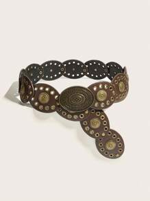 1pc Women's Bohemian Style Brown Patchwork Retro Metal Buckle Belt, Suitable For Dresses, Jeans, Music Festival & Commute Outfits Fall, Autumn, Halloween