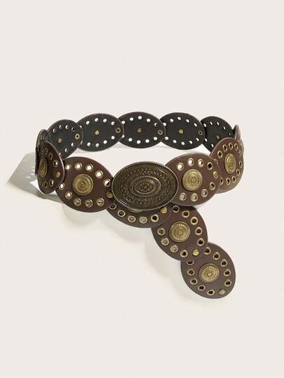 1 pieza Cinturón de mujer estilo bohemio de parches marrones con hebilla de metal retro, adecuado para vestidos, vaqueros, atuendos de festivales de música y de uso diario en otoño, Halloween