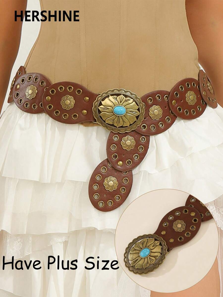 Hershine Cinto feminino estilo country boho chic, com fivela oval em bronze com detalhes em turquesa e patchwork floral em bronze. Ideal para usar com vestidos, saias, no trabalho e em viagens.