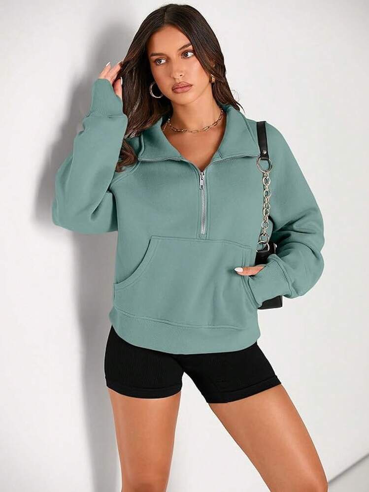 Womens Sweatshirts Half Zip Cropped Sweater Fleece Quarter Zipper Hoodies 2025 Fashion Outfits Clothes - Hồ - Xem 2