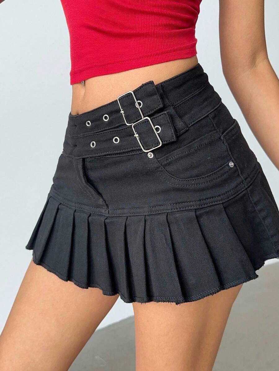Siren Gaze Women's Low Waist Pleated Mini Denim Skirt
