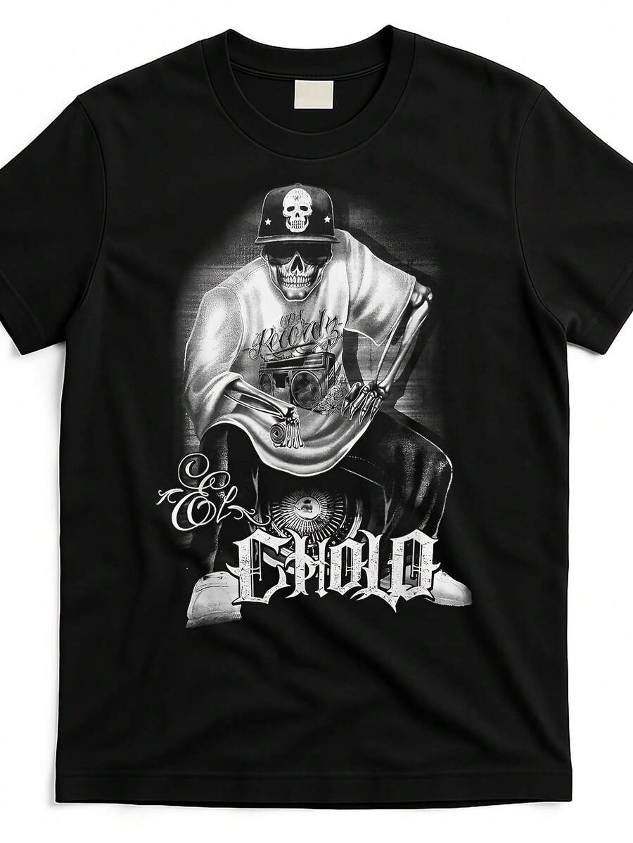 Camiseta  mexicana de calavera gangster cms0396942 en negro imagen del producto Mismo estilo para hombres y mujeres Camiseta estampada de manga corta de verano 2025 de algodón puro 220G, Moda urbana, Ropa casual, Estética vintage, Camiseta gráfica, Construcción duradera, Tela ligera, Camiseta unisex, Camiseta de algodón, Seguidores de , Entusiastas de la moda - Negro - Ver 1