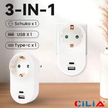 CILIA 2/4 Pcs 3-In-1 Wall Outlet Converter 3680W 250V With USB & Type-C ,F-Type Socket, CE Certified,Space-Saving For Home & Travel - EU F Type Plug(220-240V) - View 3
