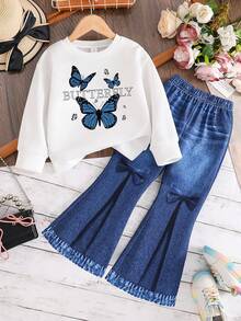 Toddler Butterfly Pattern Warm Crew Neck Sweatshirt And Denim Effect Flared Pants Set