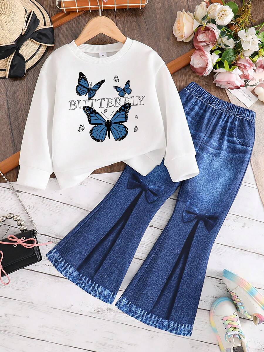 Toddler Butterfly Pattern Warm Crew Neck Sweatshirt And Denim Effect Flared Pants Set