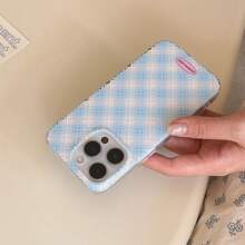 Funda de teléfono con diseño de tartán azul de doble capa con brillo y patrón de argyle, compatible con iPhone 16 Pro Max / iPhone 15 Pro Max / iPhone 14 Pro / iPhone 13, estilo coreano, de moda, minimalista, artístico