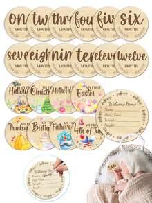11件套 - 宝宝成长里程碑摄影道具：10个双面木质里程碑圆盘和1个单面“欢迎回家”纪念木板。非常适合用于新生儿公告、婴儿派对礼物、第一个里程碑庆祝活动、摄影道具、孕期纪念品、宝宝成长里程碑以及婴儿派对回礼。 - 彩色 - 查看 1