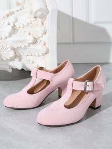 秋冬婚礼休闲时尚高跟玛丽珍T型带鞋，粗跟正装浅口鞋，天鹅绒工作办公鞋，户外女士高跟鞋（购买前请查看脚长、掌围参数） - 粉色 - 查看 8