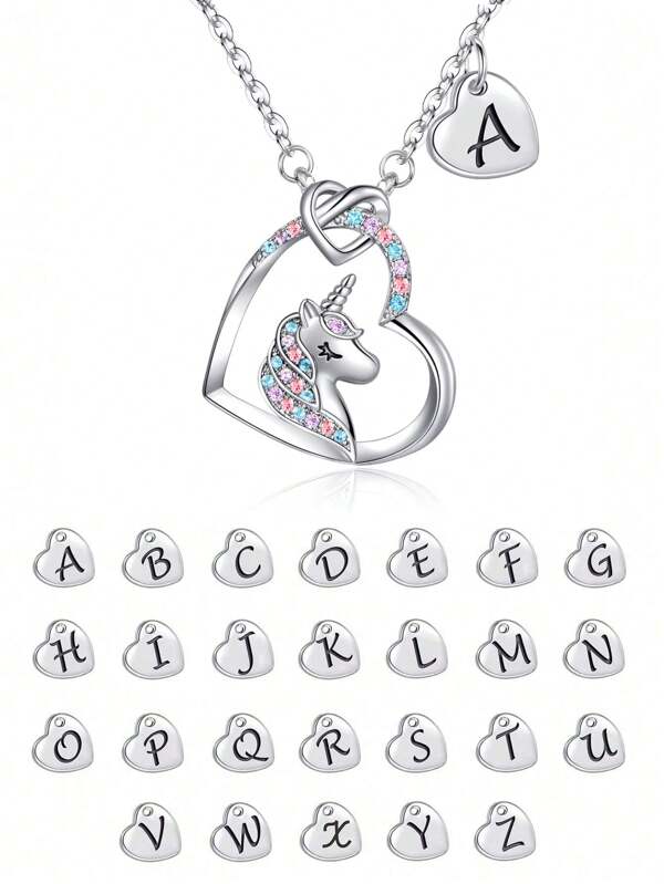 1 pièce Collier en argent plaqué avec lettre initiale anglaise A-Z en forme de cœur et licorne, cadeau d'anniversaire populaire et mignon pour les enfants, idéal pour les sorties et la vie quotidienne