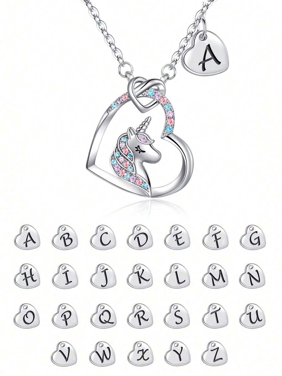 1pc Girls Cute Popular A-Z Letter Heart Unicorn Silver Plated Necklace, Suitable For Children's Birthday Gift, Date And Daily Wear