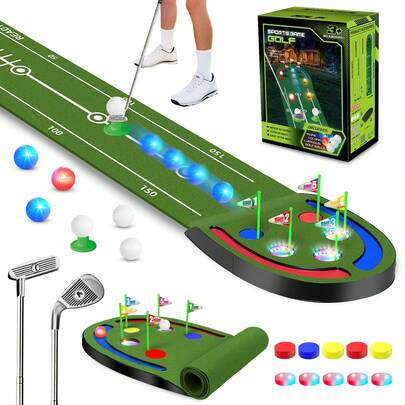 Golf Games Sets, Golf Putting Mat Indoor 9FT Practice Training Mat, Glow Cups, Irons & Putters, Portable Putting Green Outdoor For Home Backyard Office Party, Golfing Gifts For Kids Adults