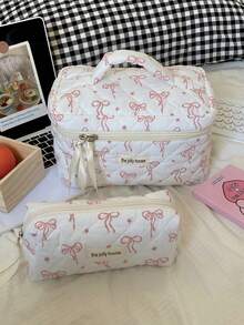 1pc/2pcs/3pcs Pink Bow Women's Cosmetic Bag, Cosmetic Storage Bag Set Suitable For Women, Toiletries Storage Bag, Skin Care Product Storage Bag Travel Portable Cosmetic Bag, Portable Multi-Functional Travel Cosmetics Storage Bag, Compartment Beauty Storage Bag, Travel Toiletries Bag, For Eyeshadow Disc, Foundation, Eye Cream, Mask, Loose Powder And Toiletries, Suitable For Party Vacation, Wedding Makeup Use