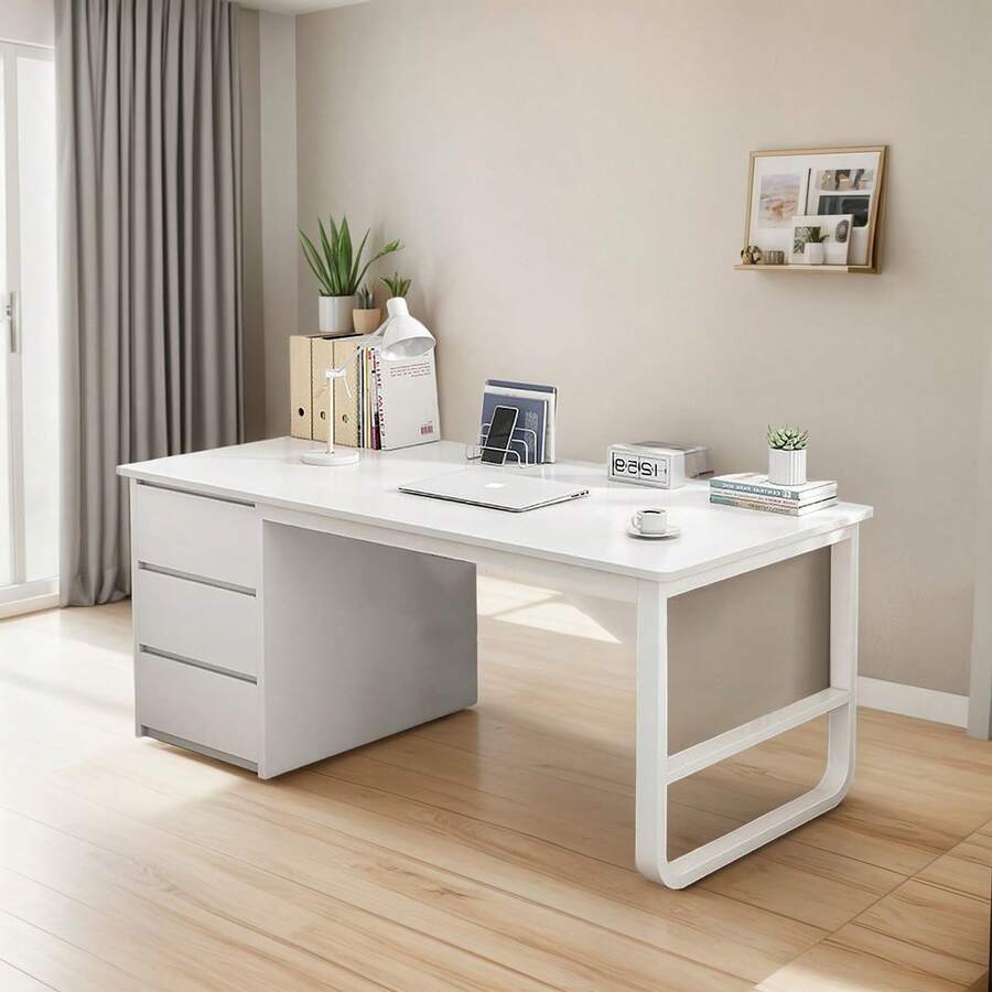 Escritorio de Oficina Minimalista, Espacioso Escritorio para Computadora con 3 Cajones, Escritorio Minimalista con Patas de Mesa Reforzadas, Ideal para Estudio,Juegos y Trabajo - Blanco-L - Ver 1