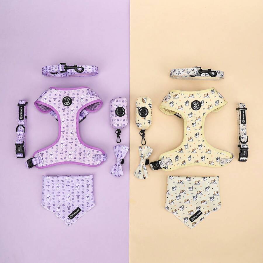 6pcs Dog Harness Set,Bowtie & Bandan, Adjustable Dog Harness And Collar,Dog Leash With Poop Bag Holder Set,For Pet Dog Walking. - Multicolor - View 1