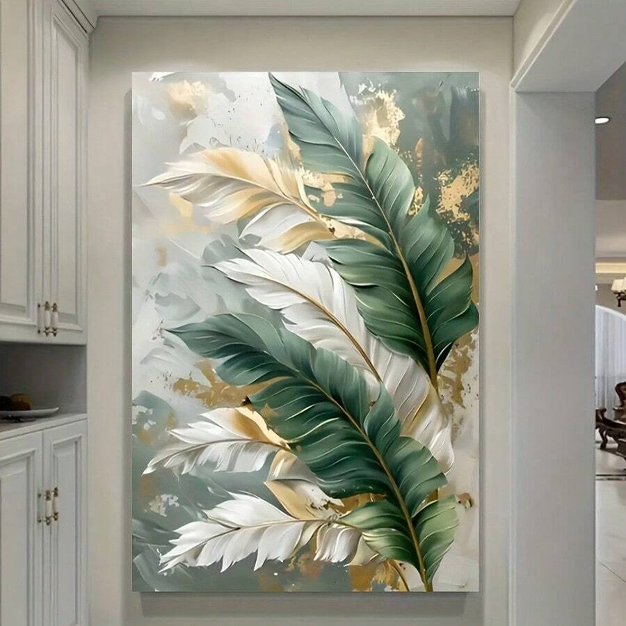 1pc Green & Golden Tropical Leaf Wall Art -Canvas Print With Hook Installation, Minimalist Art Deco Home Decor For Bedroom, Living Room, Kitchen, Dorm - Mother's Day & Easter Gift Idea - trắng - Xem 1