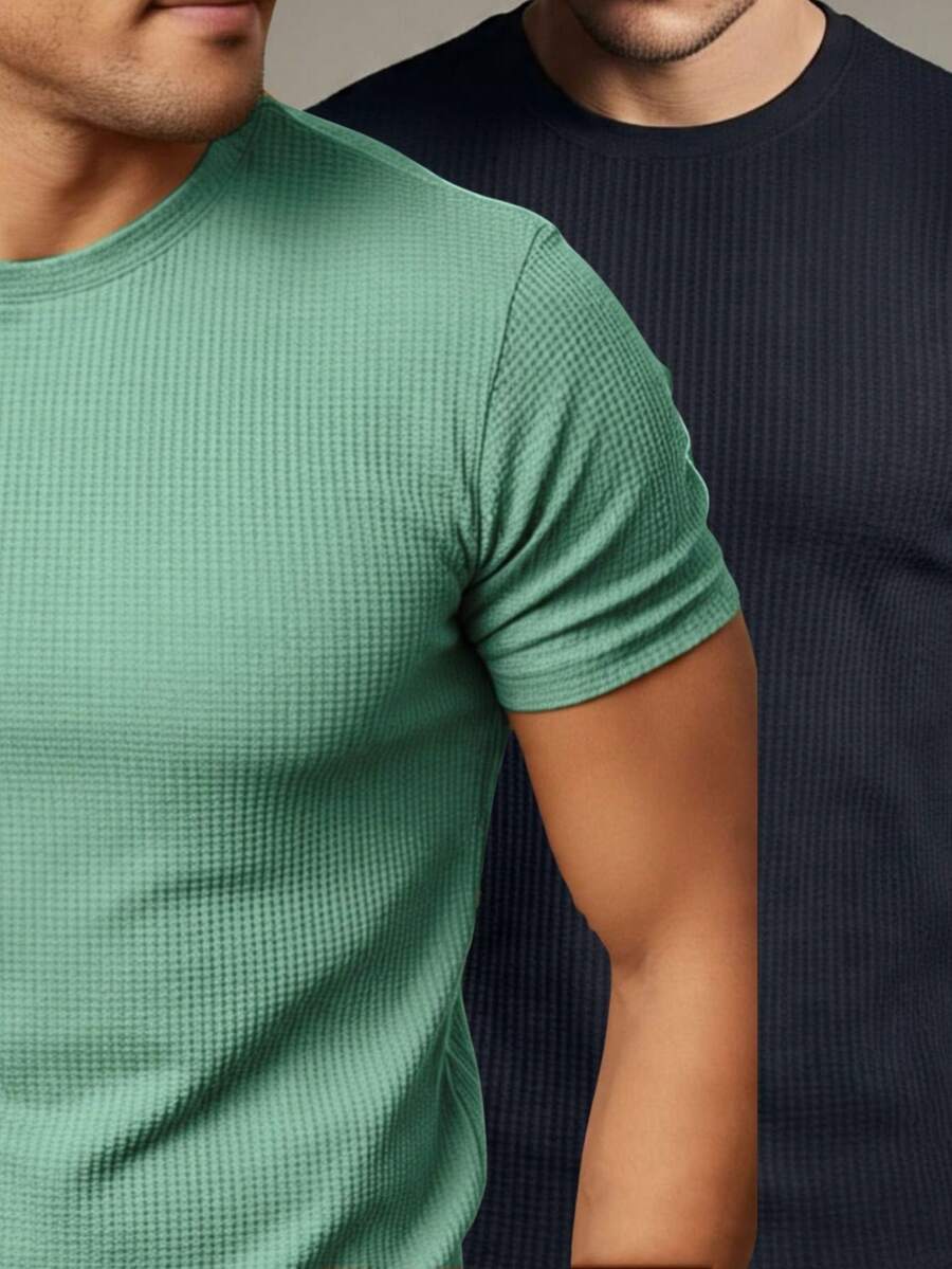 Kit 2 Basic Casual Textured T-Shirt Straight Textured Premium Mesh - Đen và Xanh bạc hà - Xem 1