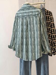 YUXIN 新款春夏秋季女士翻领长袖衬衫，复古港风条纹修身衬衫 - 黑色 - 查看 12