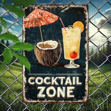 Un letrero metálico retro de "Zona de Cócteles" de 8x12 pulgadas, con un diseño tropical de coco y bebida, un arte de pared duradero adecuado para decoración del hogar, oficina, bar o cafetería, para uso interior/exterior, decoración de bar, perfecto para decoración de habitación.