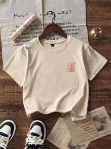 Camiseta de manga corta de cuello redondo con estampado casual para niñas y adolescentes estudiantes, en color albaricoque, para verano