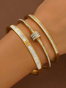 3pcs Exquisite, Elegant, Fashionable And Versatile Starry Sky Zirconia Bracelet Set, 18K Gold-Plated Mirror Polished, Vacuum Electroplated, Waterproof And Not Easy To Fade Stainless Steel Bracelet Set, Suitable For Ladies' Gatherings, Daily Wear, European Style, Generous Personalized, Luxury Zirconia Bracelet, Wedding Jewelry Set, For Girls, Ladies, Relatives, Friends, Birthdays, Valentine's Day, Mothers, Mother's Day, Gifts.
