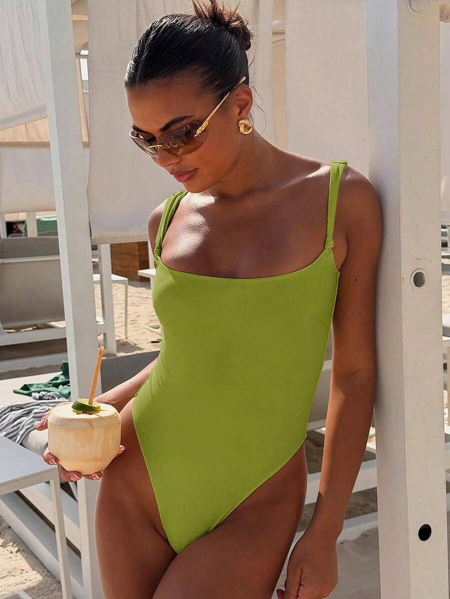 Women's Solid Color Square Neck One-Piece Swimsuit. Designed With A Minimalist Square Neckline And Wide Straps, Radiating Vitality With A Bright Color Tone. - Green - View 1