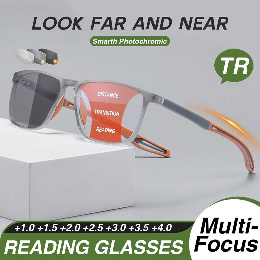 1pc Sports Photochromic Bifocal Reading Glasses, Lens With Light Sensitivity Change Function, Super Flexible TR Temples, Classic Colorblock Rectangular Frame, Simple & Comfortable Multifocal Reading Glasses - Orange - View 1