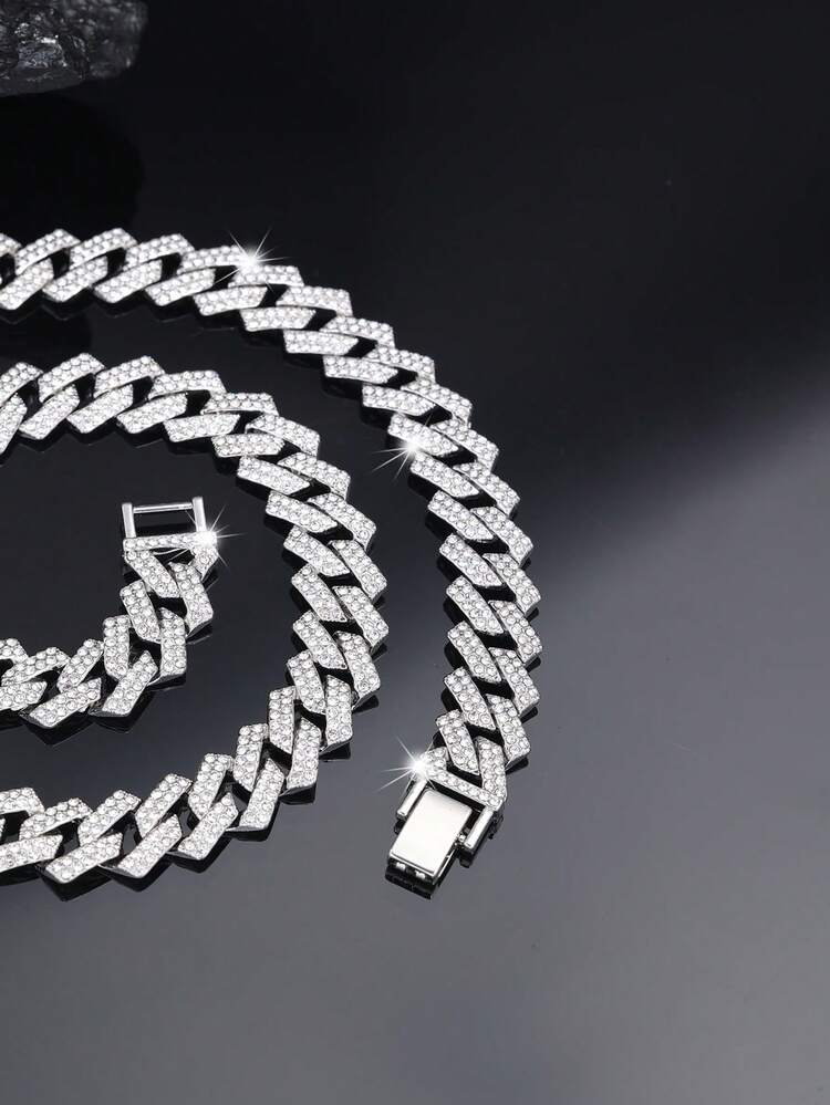 CVNANA 1 Pieza Estilo De Hip-hop Europeo Y Americano Bling Bling Diamante Incrustado Miami Collar O Brazalete Para Mujeres, Collar De Cadena De Acero Inoxidable Chapado En Oro/plata Para Hombres Y Mujeres, Joyería De Moda Disponible En Varios Tamaños - Plateado - Ver 11