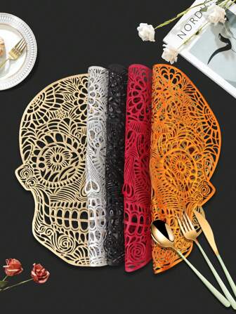 1/4/6pcs Halloween Skull PVC Gold Foil Placemats, Hotel Restaurant Decor Heat Insulation Non-Slip Table Mats, Suitable For Weddings, Parties, Valentine's Day, Harvest Festival, Holidays, Picnics, Birthdays