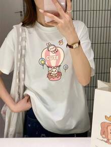 100% Cotton Ladies Short Sleeve T-Shirt, Stylish, Loose, Casual Crew Neck Top - 白色 - 查看 1
