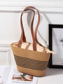 女士草编包大号手工编织夏季沙滩托特包单肩手提包钱包条纹手工编织草编包度假海边户外度假