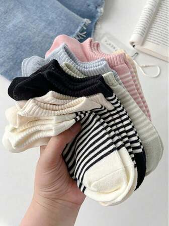 5 Pairs Women's Short Socks, Striped Midi Socks, Suitable For All Seasons, Random Color, Back To School Ladies Socks