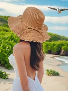 1 Peça Chapéu de Palha Cáqui para Praia Feminino, Dobrável, Detalhes em Contas, Boho-Chique & Elegante, Aba Larga, Proteção Solar de Verão