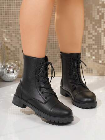 女士时尚百搭系带中筒靴、摩托车靴、短靴、高帮防滑靴、休闲舒适侧拉链户外靴、户外骑行黑色靴、秋冬靴、及膝靴