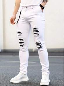 Logeqi® Men Men's Jeans With Large Rips And Patches - 白色 - 查看 2