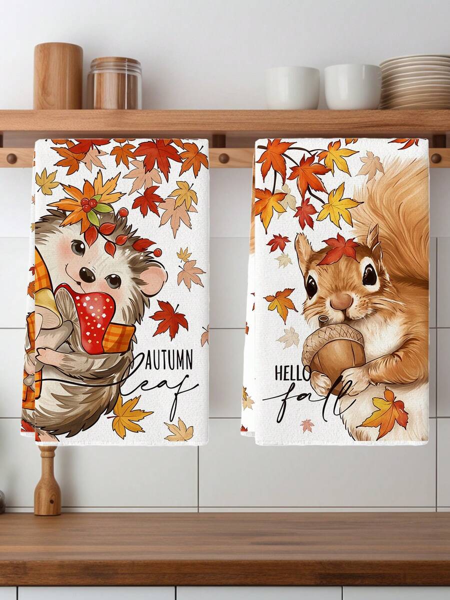 2 chiếc khăn lau tay Croar Hello Fall Squirrel Hedgehog Autumn Leaf Drying Hand Towel Maple Leaf Acorn Mushroom Pattern Fall Thanksgiving Halloween Kitchen Towel Khăn lau bát đĩa Farmhouse Khăn lau bát đĩa nhà bếp Khăn lau tay Khăn lau trà Khăn lau bát đĩa nhà bếp khô cho bàn bếp nhà hàng - trái cam - Xem 1