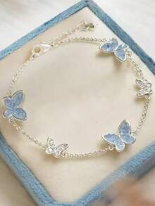 优雅奢华蓝色水晶蝴蝶手链，适合年轻女孩，2025夏季新款时尚首饰