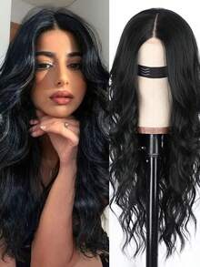 Synthetic Lace Wigs For Women Middle Parting 26inch Long Wavy Hair Black Color Optional High Temperature Fiber - màu đen - Xem 1