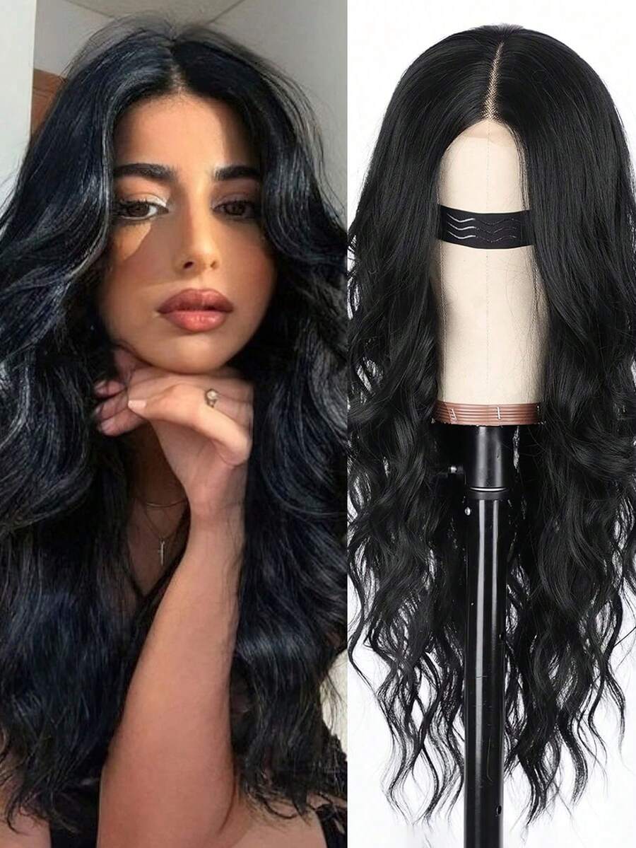 Synthetic Lace Wigs For Women Middle Parting 26inch Long Wavy Hair Black Color Optional High Temperature Fiber - màu đen - Xem 1
