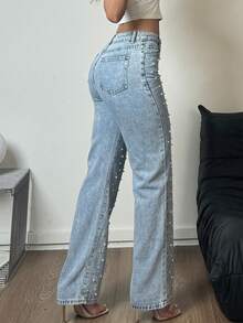 Women's Denim Straight Leg Pants Are Made Of Loose And Comfortable Denim Fabric, With Nail Bead Craftsmanship And Pockets, Suitable For Party Occasions(The Size Is Slightly Small; It Is Recommended To Order One Size Up.) - 淺色水洗藍 - 查看 6