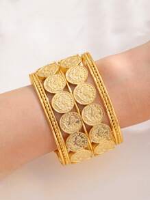 New 2025 Dubai Fashion Gold Coin Copper Alloy Bracelet, Exquisite Rhinestone Geometric Bangle, Suitable For Wedding Party Wear Jewelry