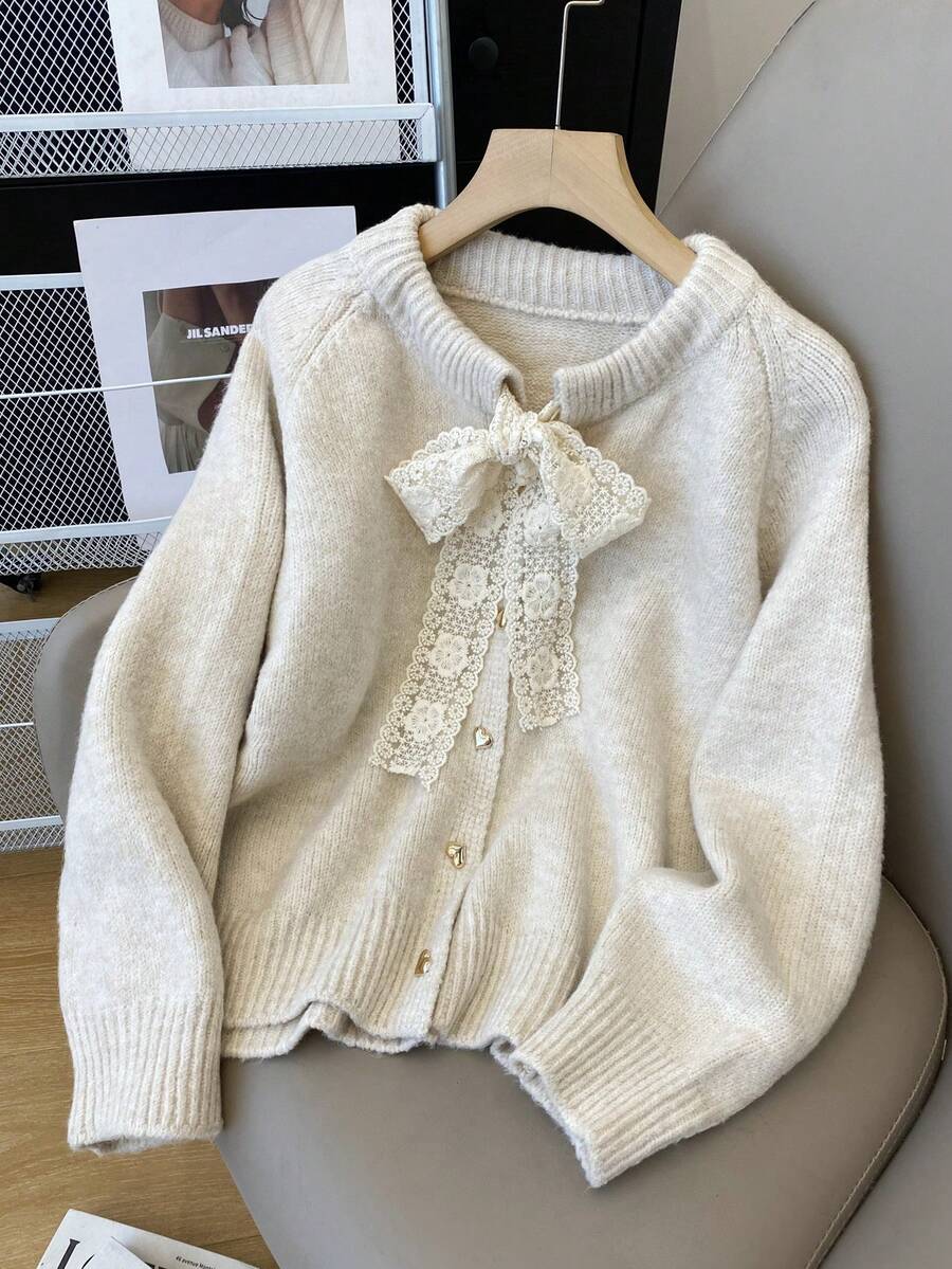 女士休闲蝴蝶结装饰插肩袖开衫，适合万圣节、圣诞节、中国新年等场合 - 杏色 - 查看 1