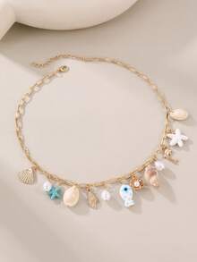 1pc Girls Seashell, Starfish & Pearl Beaded Necklace, Holiday & Daily Wear Decor - Multicolor - View 4
